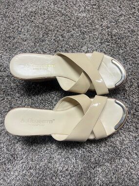 A. Giannetti Cream Patent Leather Cross-Strap Slide Mules